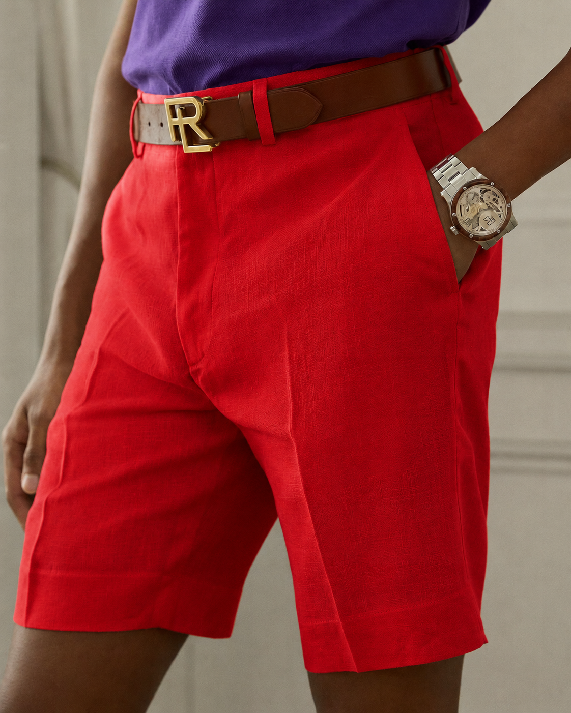 Men's Ralph Lauren Button Linen Shorts (Red)