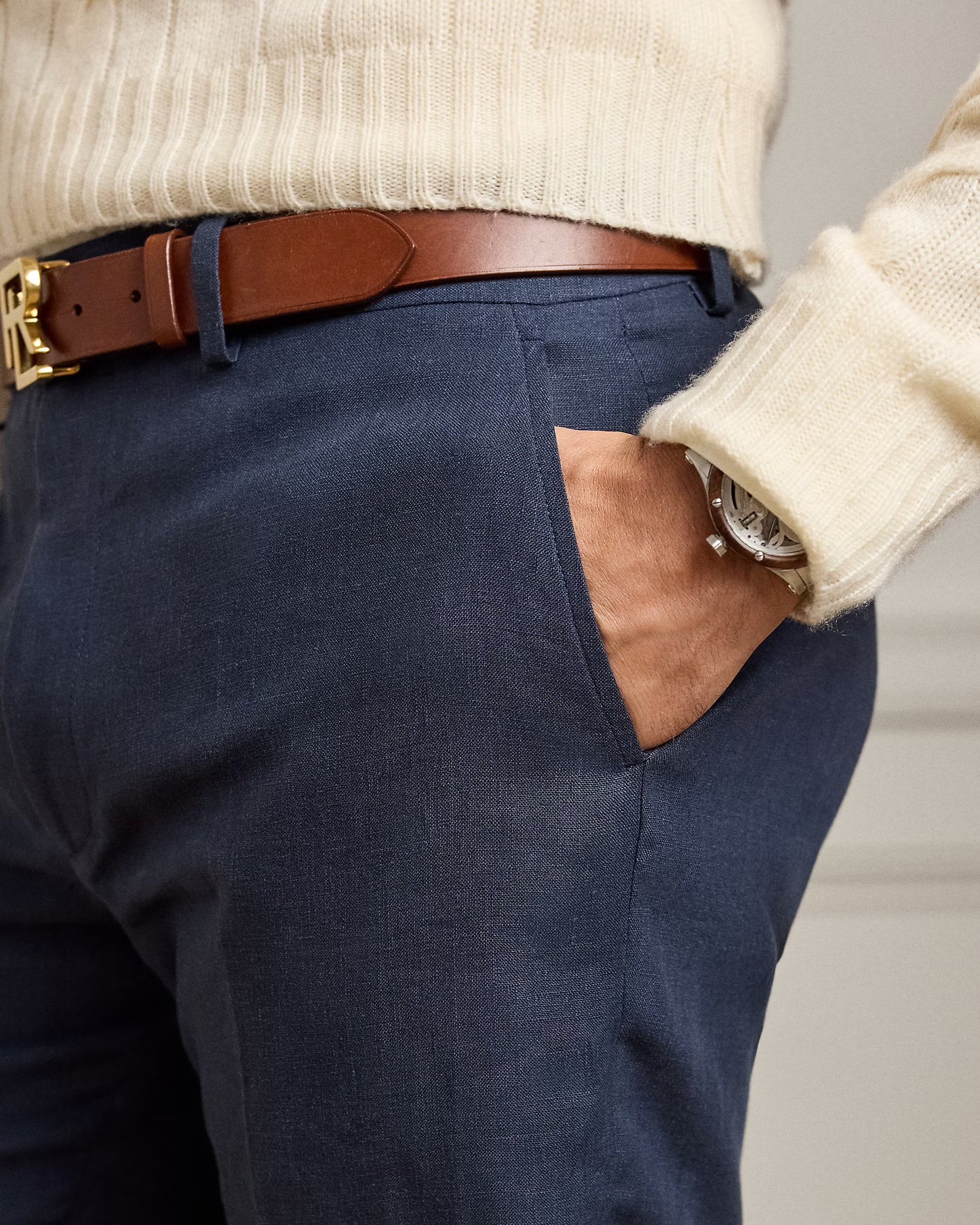 Men's Ralph Lauren Button Linen Shorts (Navy Blue)