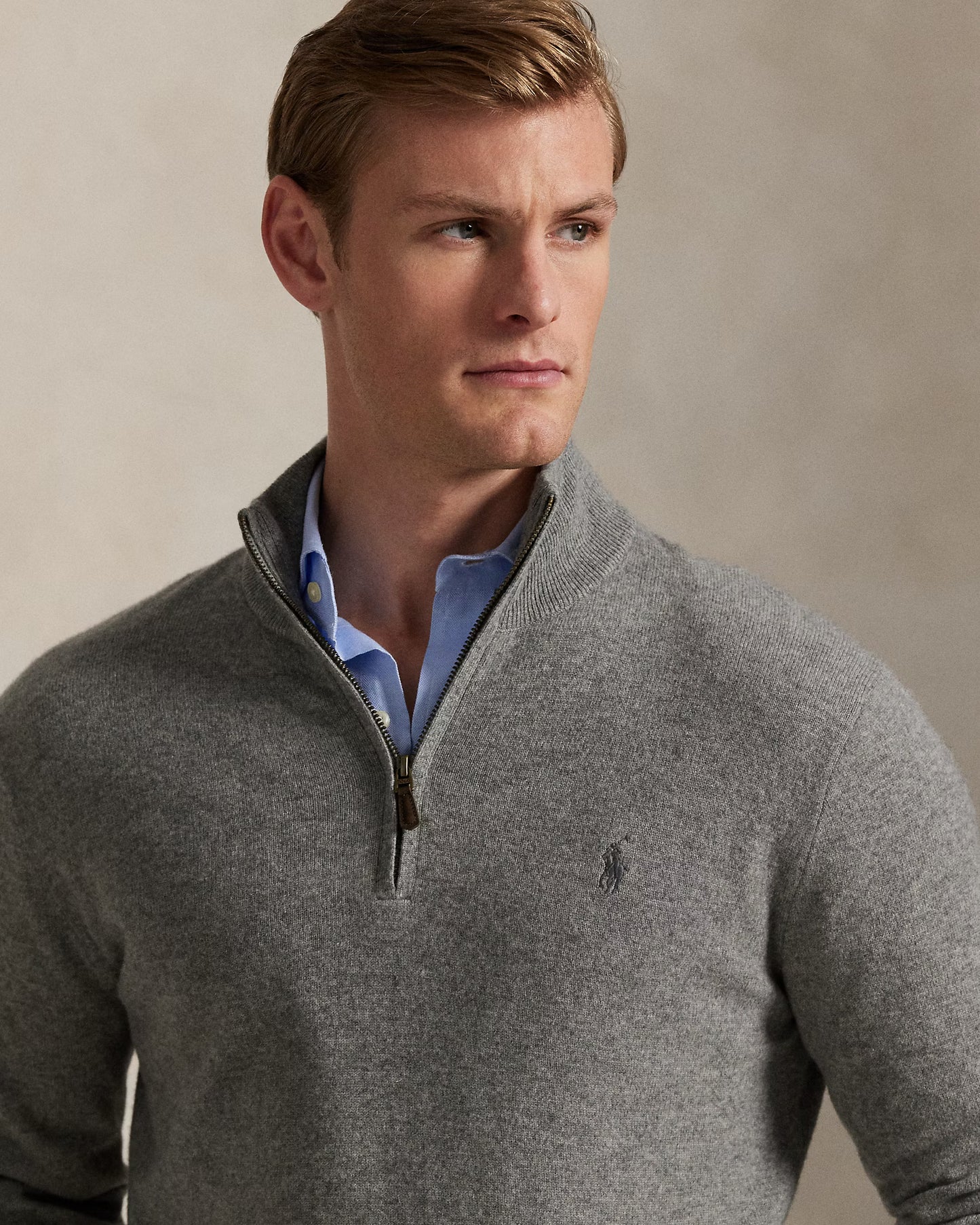 Men's 100% Cashmere Ralph Lauren Quarter-Zip Sweater (Grey)