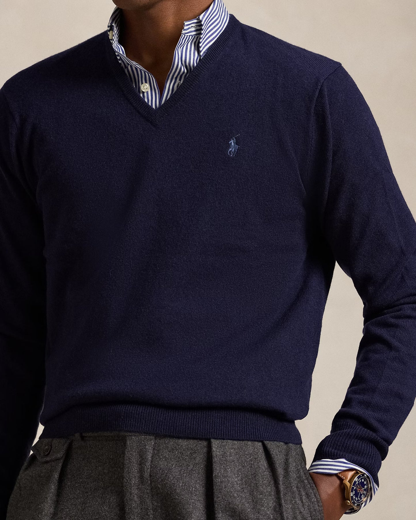 Men's 100% Cashmere Ralph Lauren V-Neck Sweater (Navy Blue)
