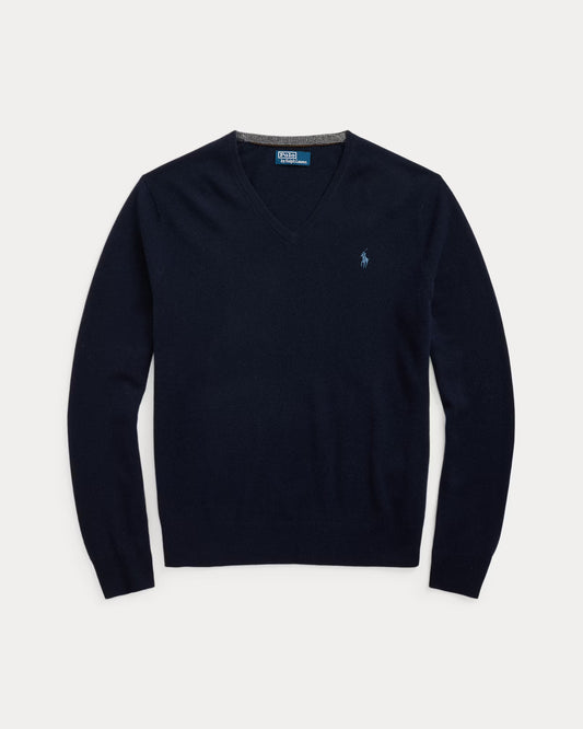 Men's 100% Cashmere Ralph Lauren V-Neck Sweater (Navy Blue)