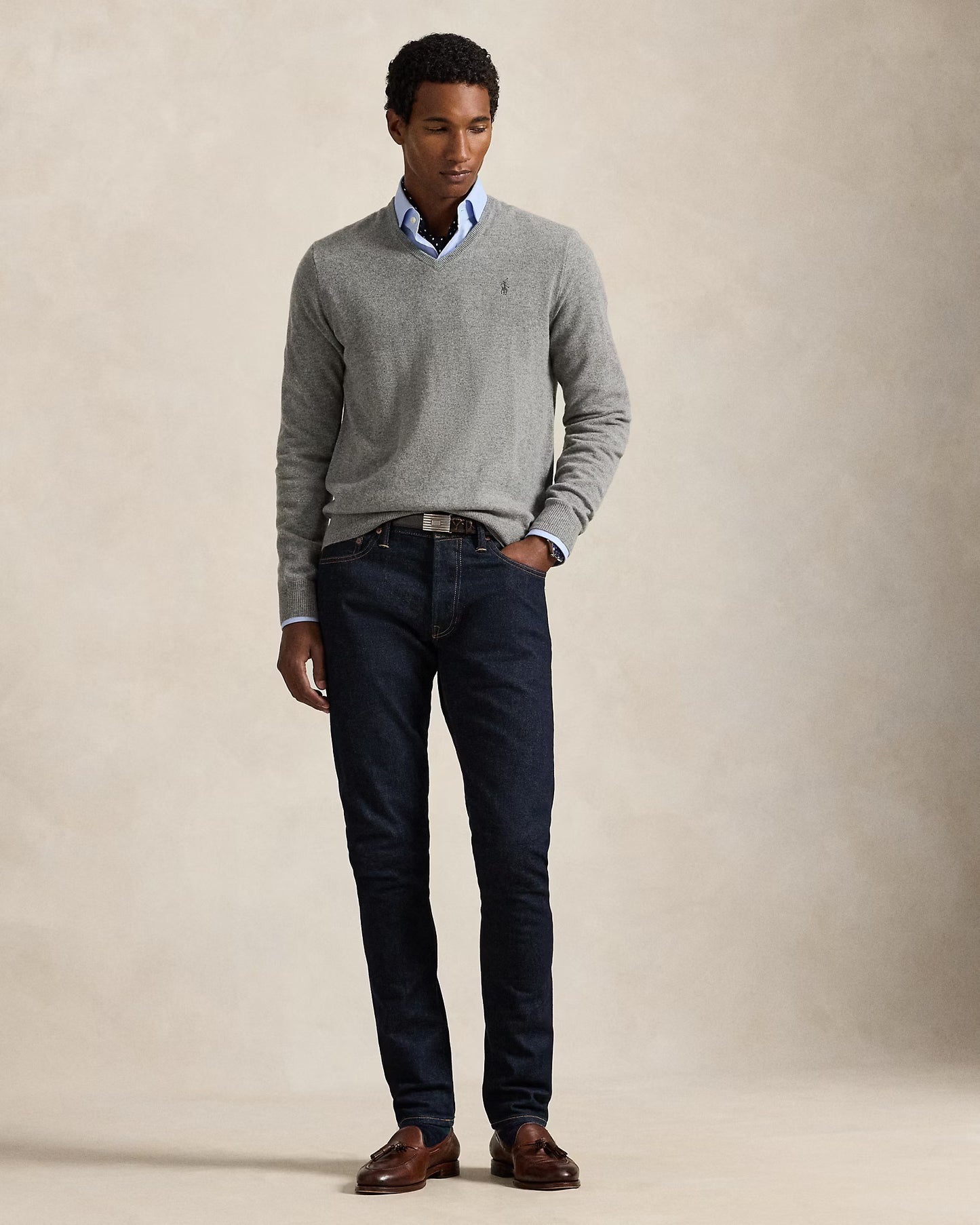 Men's 100% Cashmere Ralph Lauren V-Neck Sweater (Grey)