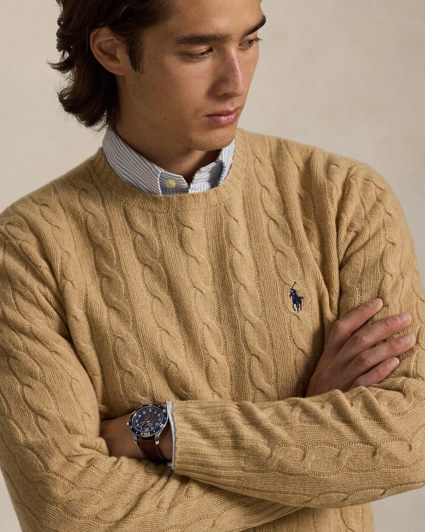 Men's 100% Cashmere Ralph Lauren Cable-Knit Sweater (Beige)