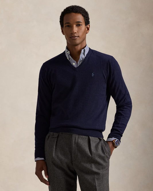 Men's 100% Cashmere Ralph Lauren V-Neck Sweater (Navy Blue)