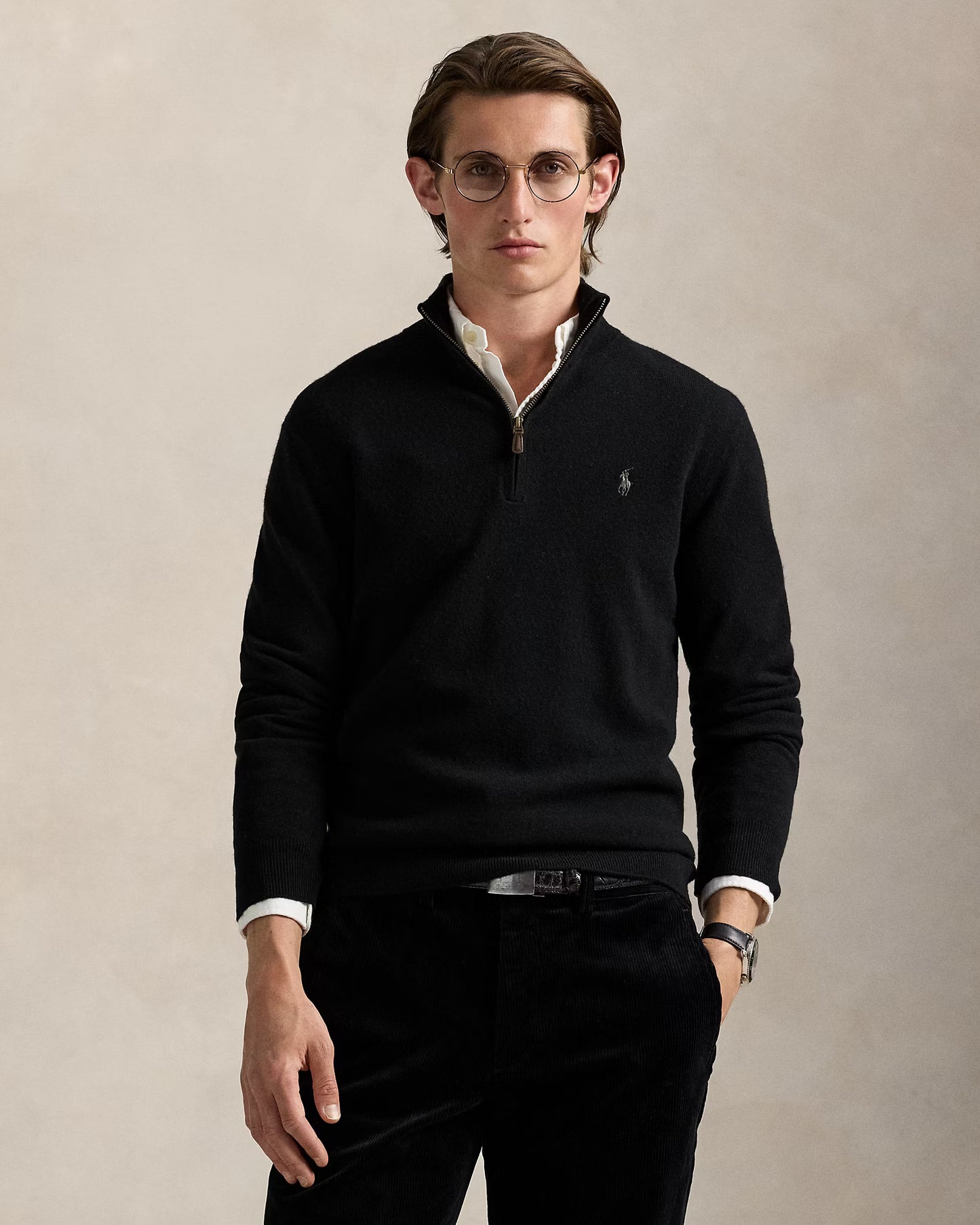 Men's 100% Cashmere Ralph Lauren Quarter-Zip Sweater (Black)
