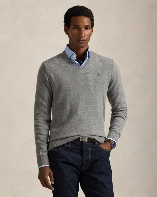 Men's 100% Cashmere Ralph Lauren V-Neck Sweater (Grey)