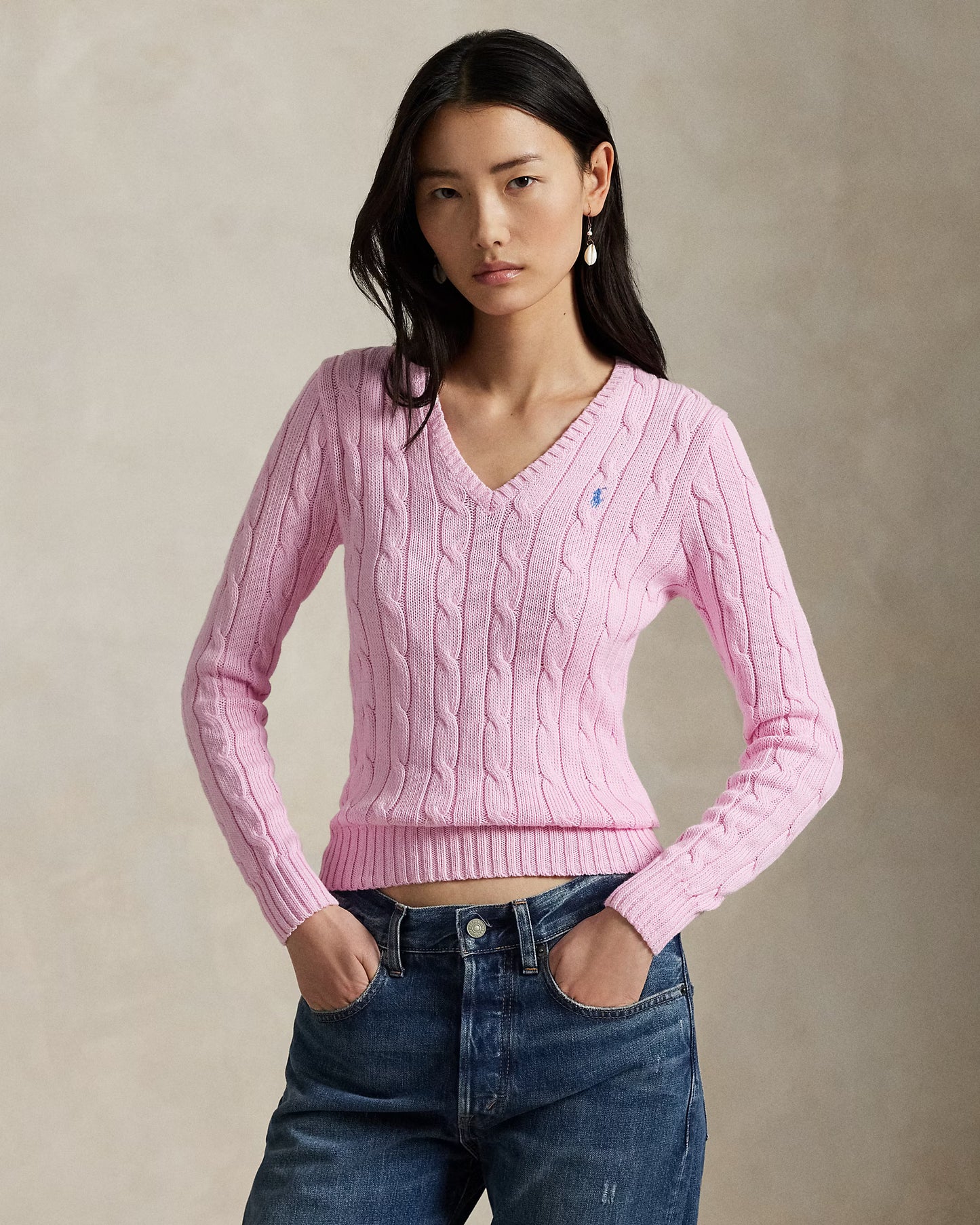 Women's Ralph Lauren Cable-Knit V-Neck Sweater (Pink)