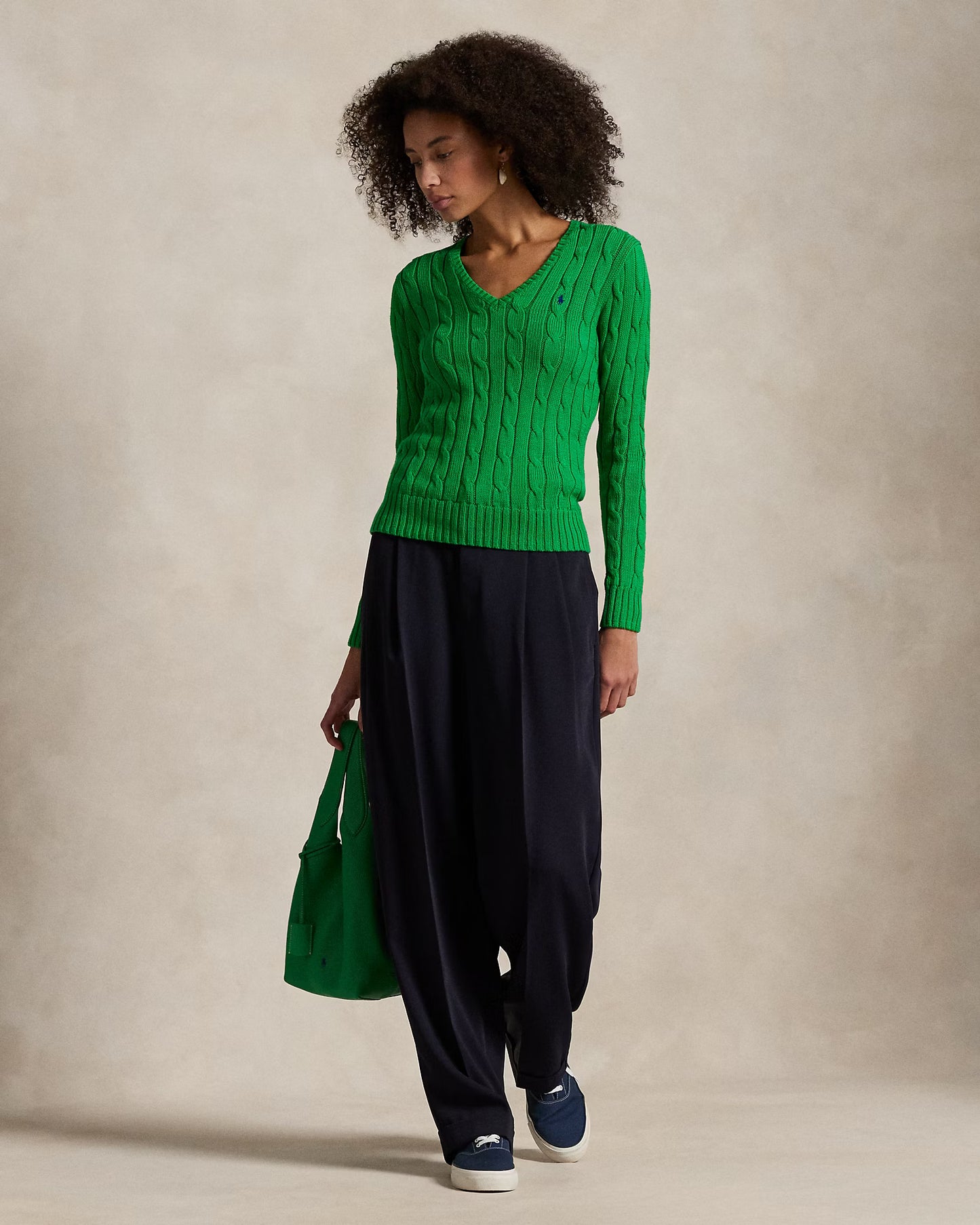 Women's Ralph Lauren Cable-Knit V-Neck Sweater (Green)