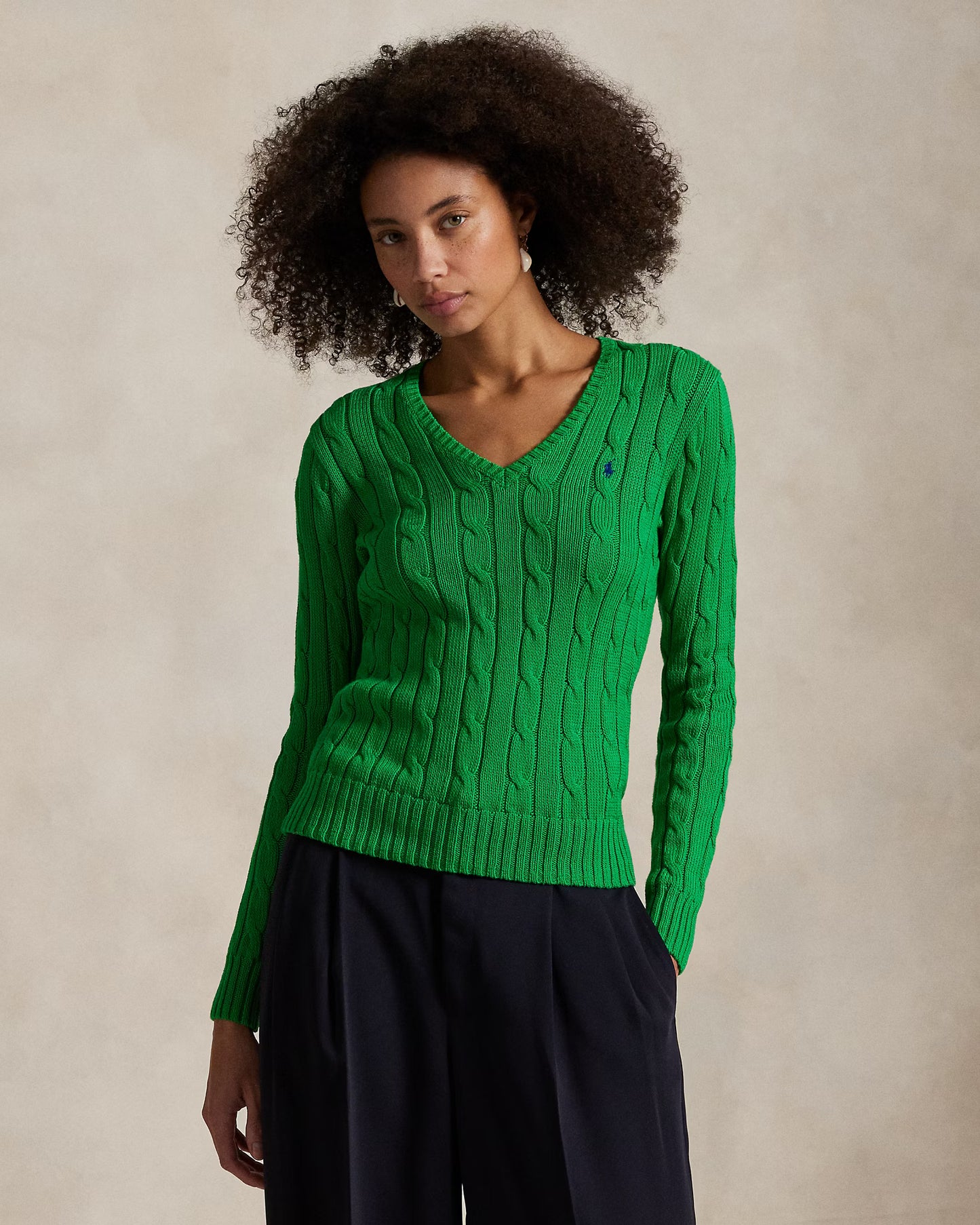 Women's Ralph Lauren Cable-Knit V-Neck Sweater (Green)