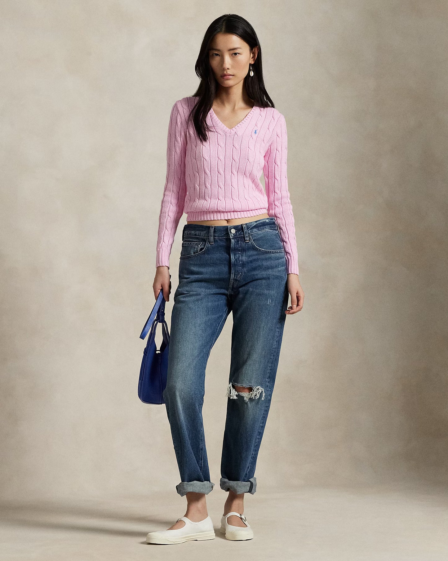 Women's Ralph Lauren Cable-Knit V-Neck Sweater (Pink)