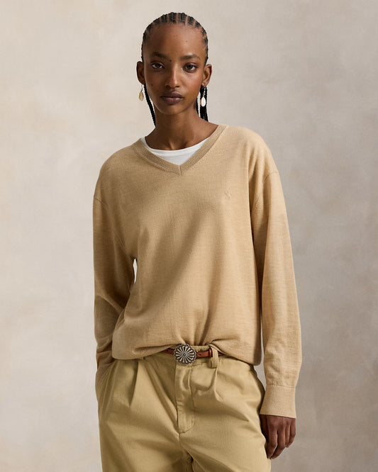 Women's 100% Cashmere Ralph Lauren V-Neck Sweater (Beige)