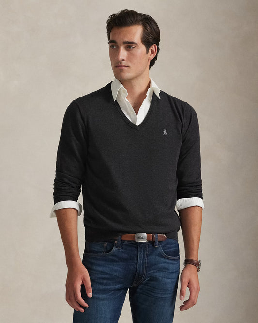 Men's 100% Cashmere Ralph Lauren V-Neck Sweater (Dark Grey)